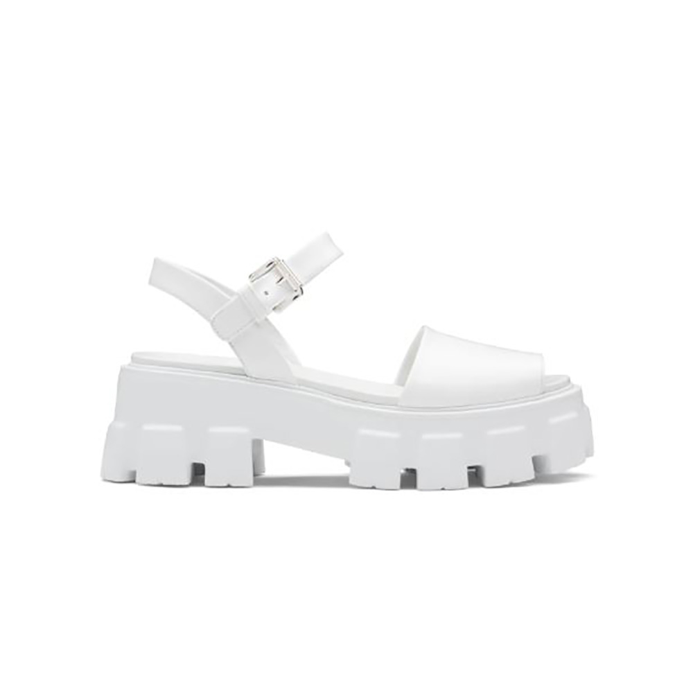 Prada Women Monolith Brushed Leather Sandals in 55mm Heel-White