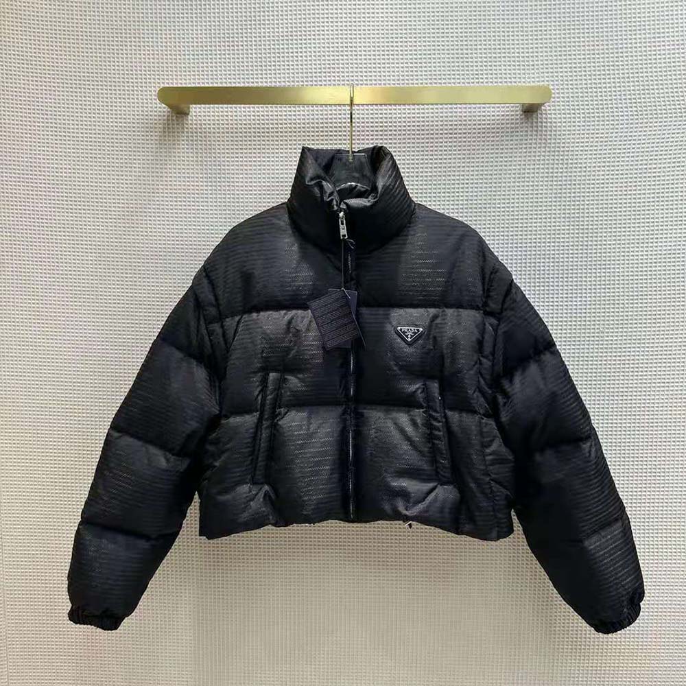 Prada Women Re-Nylon Cropped Hooded Down Jacket-Black - Image 2