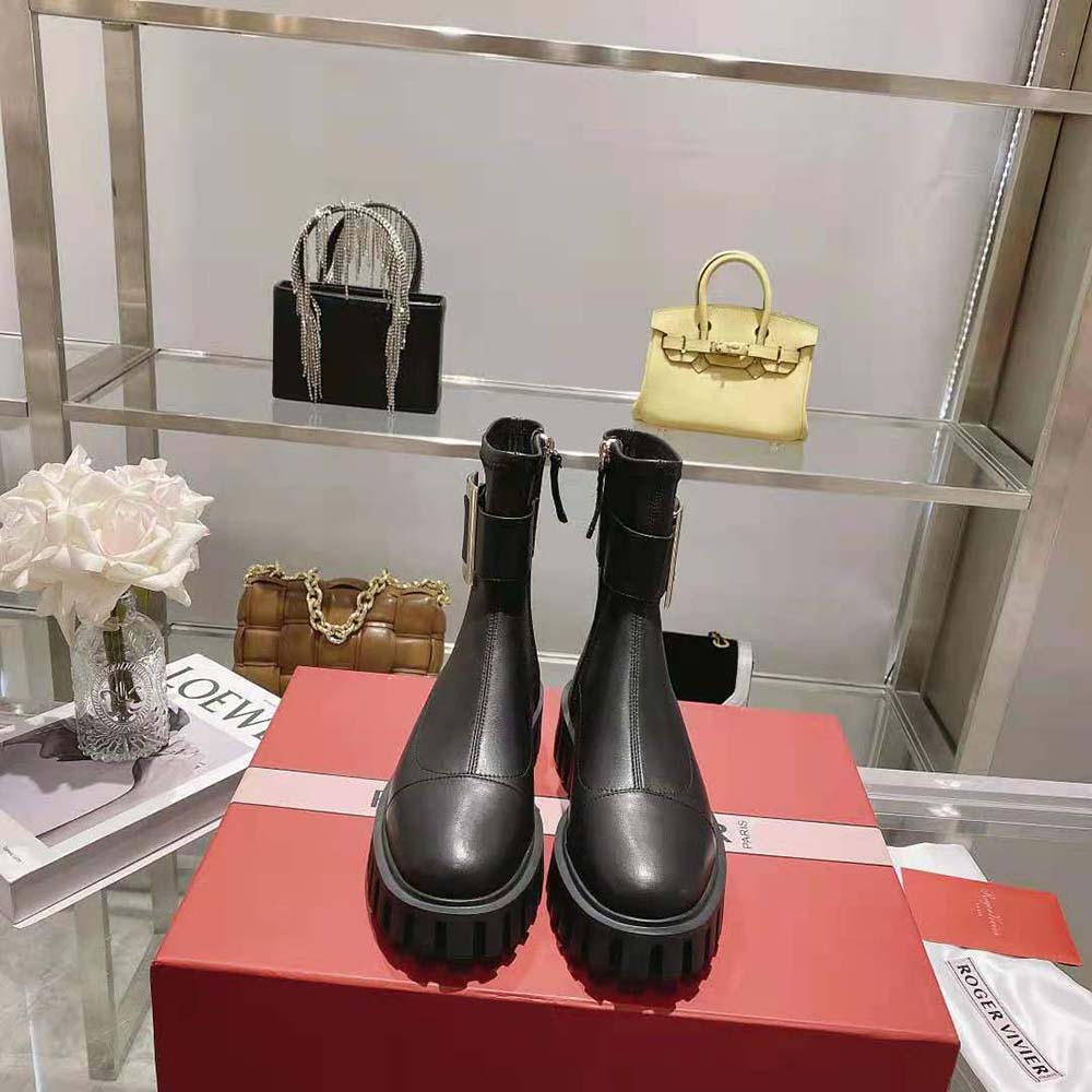 Roger Vivier Women Viv' Go-Thick Metal Buckle Stretch Ankle Boots in Soft Leather - Image 2