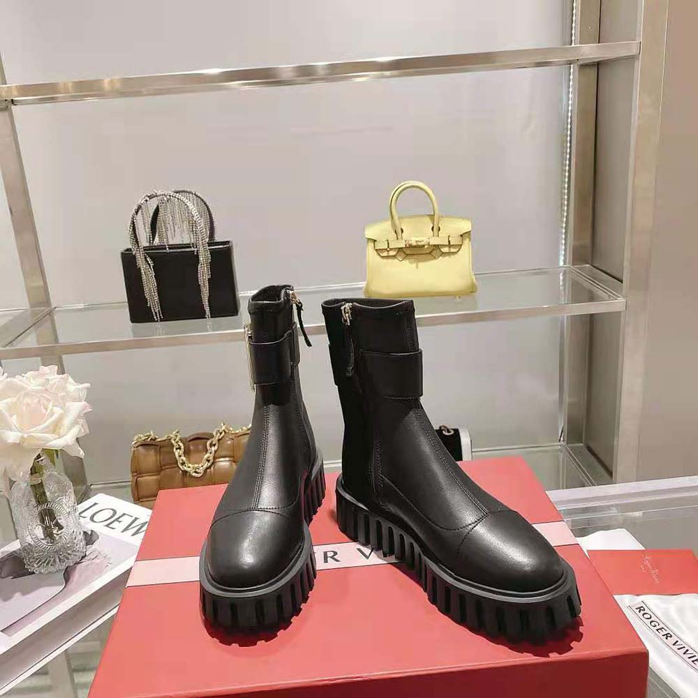 Roger Vivier Women Viv' Go-Thick Metal Buckle Stretch Ankle Boots in Soft Leather - Image 3