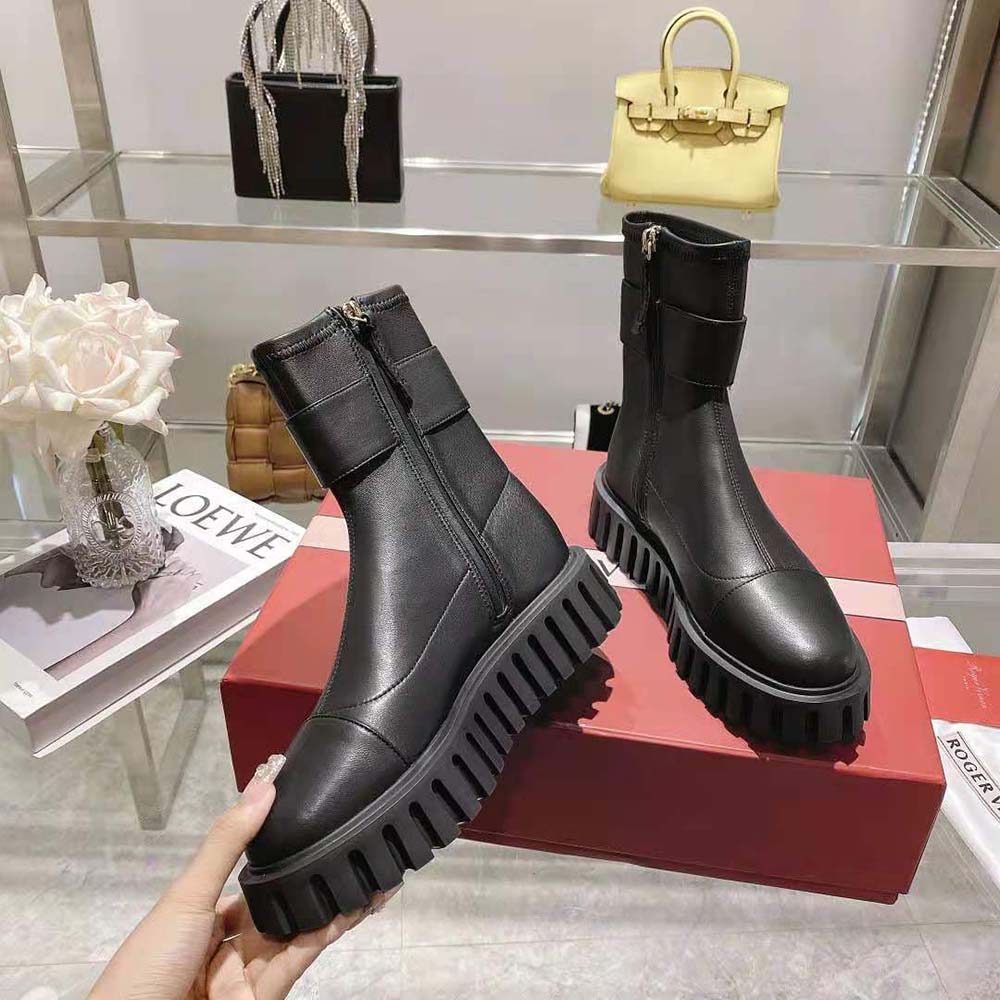 Roger Vivier Women Viv' Go-Thick Metal Buckle Stretch Ankle Boots in Soft Leather - Image 5