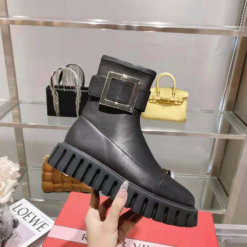 Roger Vivier Women Viv' Go-Thick Metal Buckle Stretch Ankle Boots in Soft Leather - Image 6