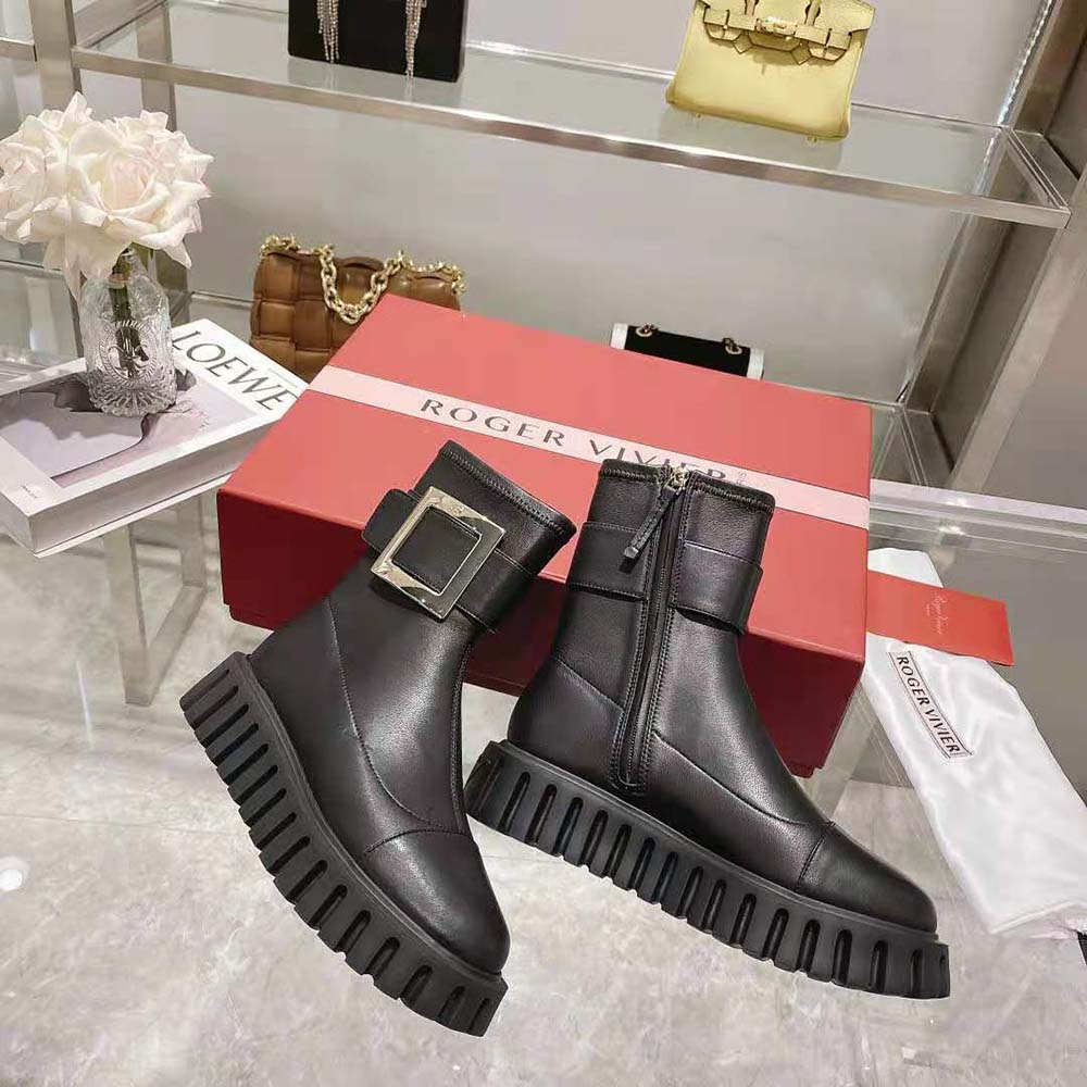 Roger Vivier Women Viv' Go-Thick Metal Buckle Stretch Ankle Boots in Soft Leather - Image 4