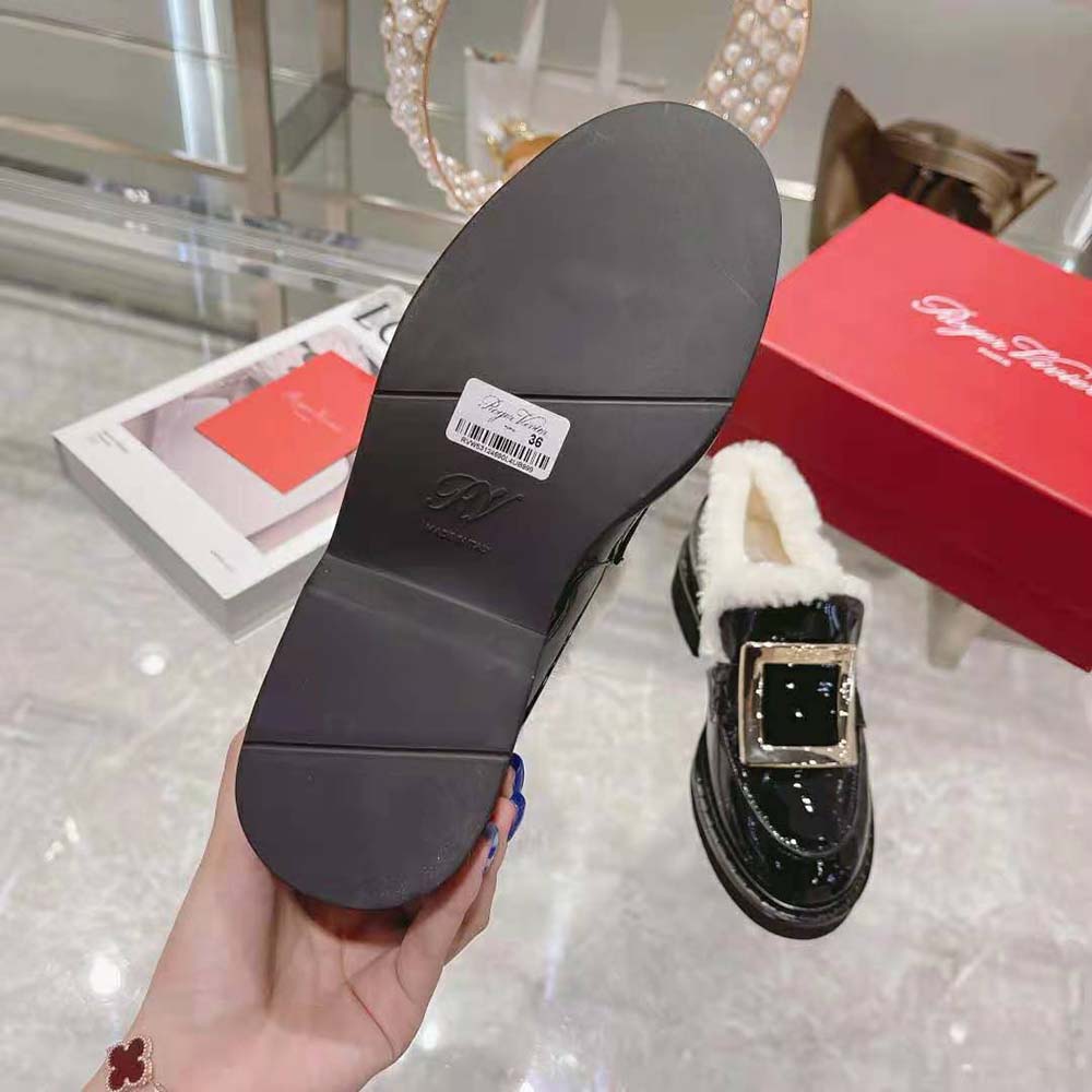 Roger Vivier Women Viv' Rangers Metal Buckle Fur Loafers in Patent Leather - Image 8