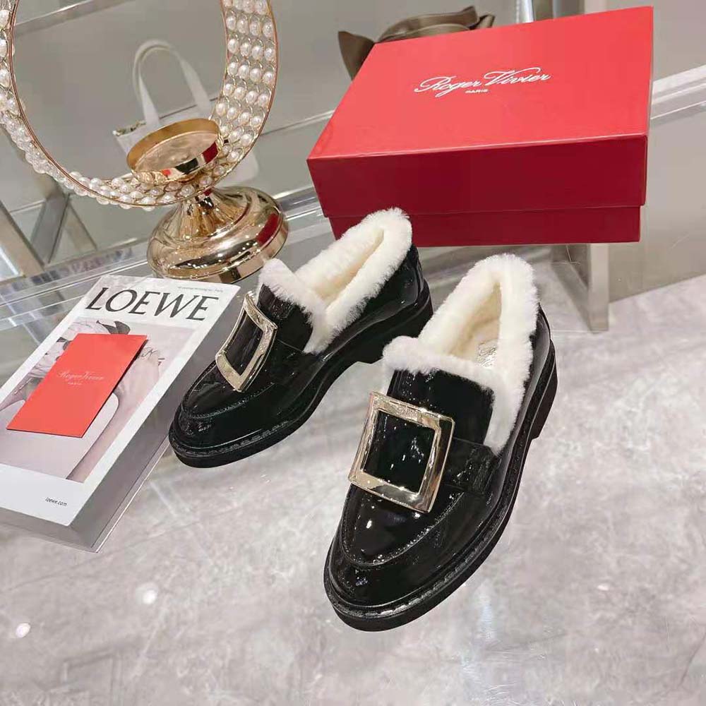Roger Vivier Women Viv' Rangers Metal Buckle Fur Loafers in Patent Leather - Image 2