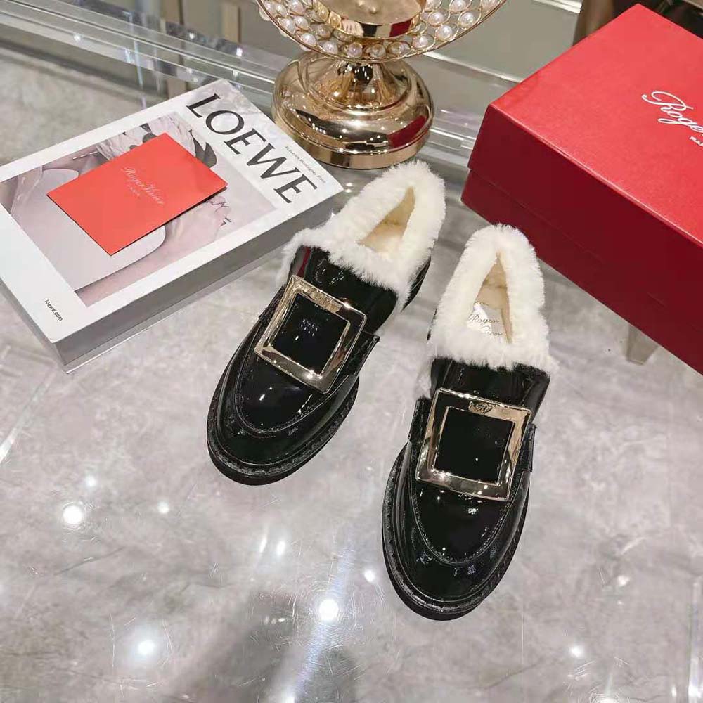 Roger Vivier Women Viv' Rangers Metal Buckle Fur Loafers in Patent Leather - Image 3
