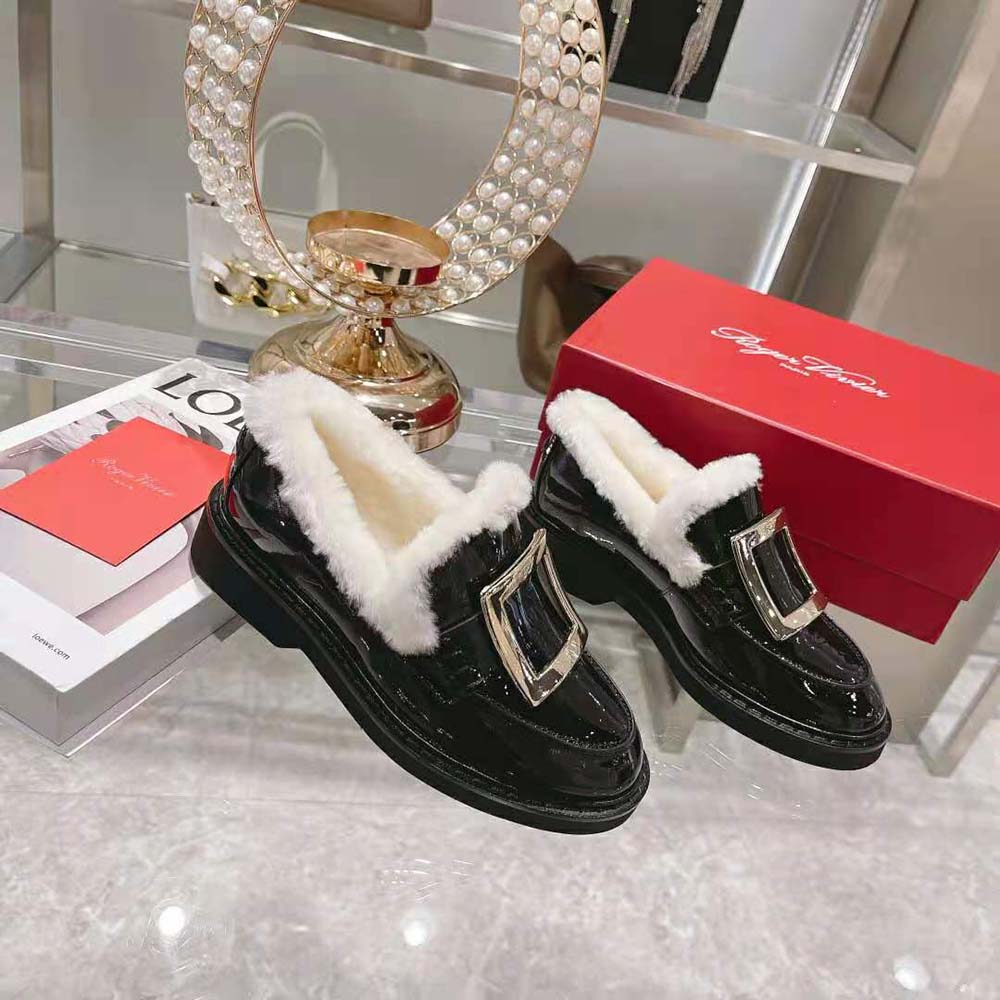 Roger Vivier Women Viv' Rangers Metal Buckle Fur Loafers in Patent Leather - Image 4