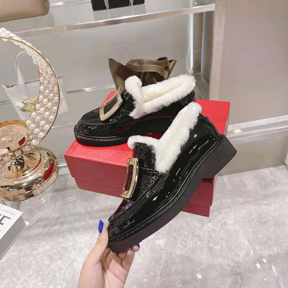 Roger Vivier Women Viv' Rangers Metal Buckle Fur Loafers in Patent Leather - Image 7