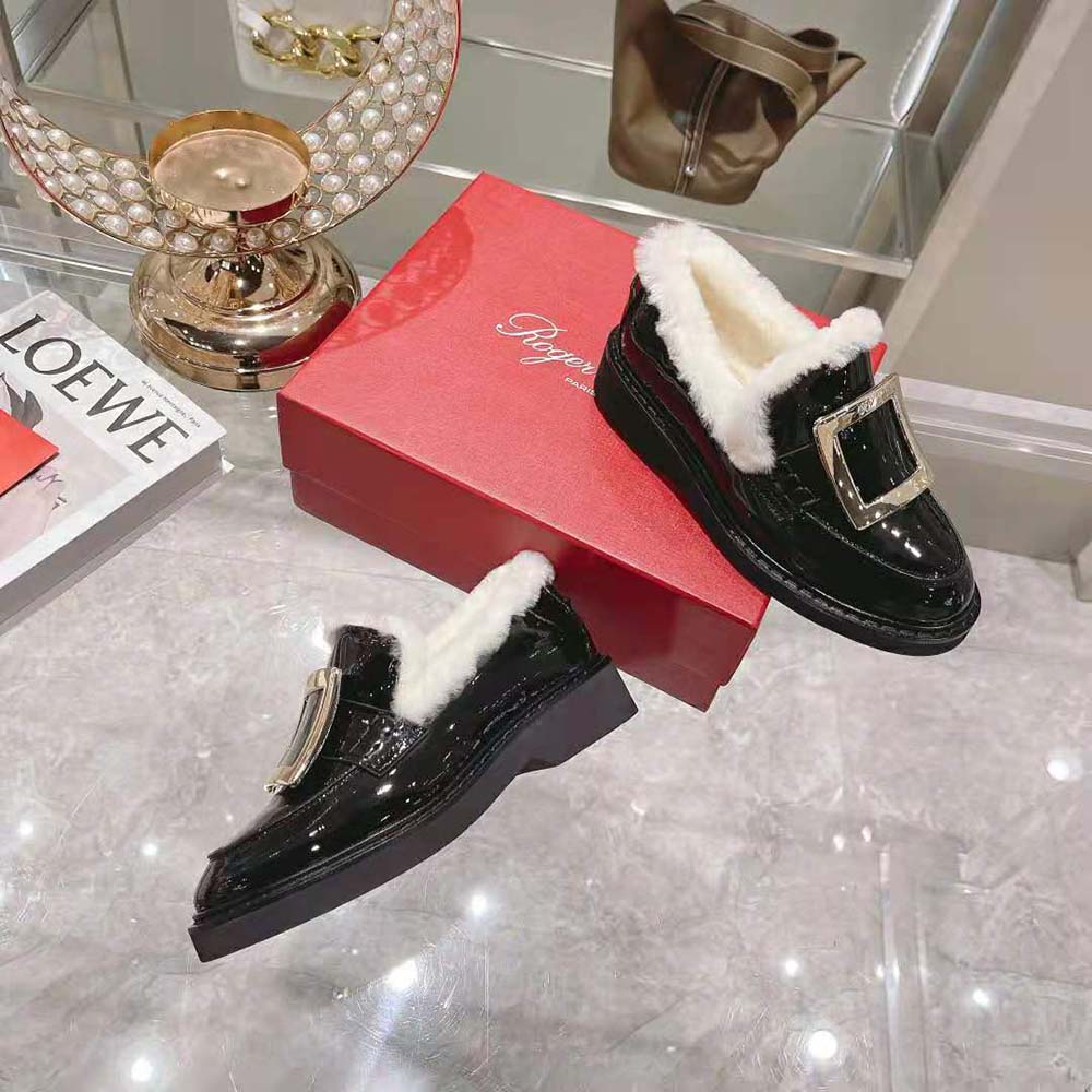 Roger Vivier Women Viv' Rangers Metal Buckle Fur Loafers in Patent Leather - Image 5