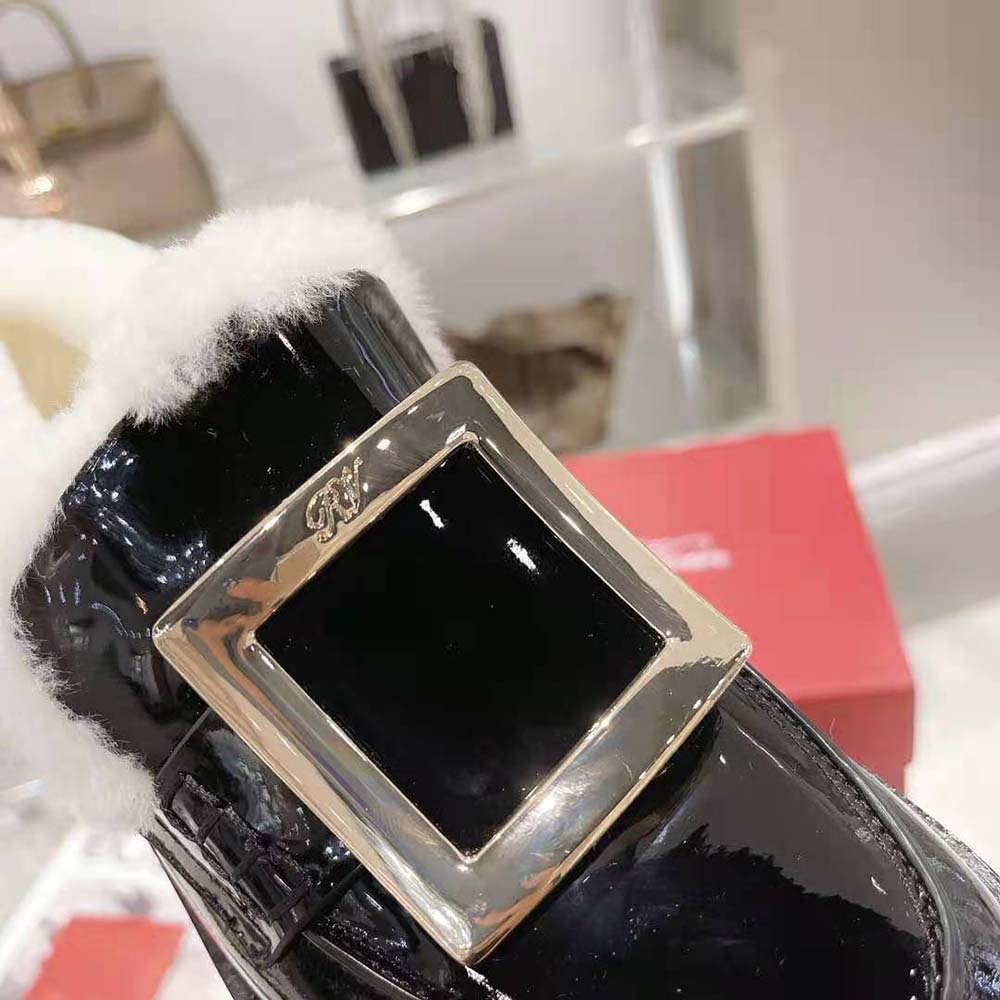 Roger Vivier Women Viv' Rangers Metal Buckle Fur Loafers in Patent Leather - Image 9