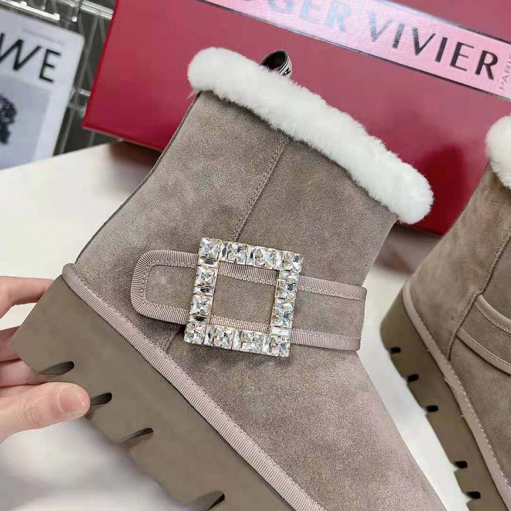 Roger Vivier Women Viv' Winter Fur Strass Buckle Ankle Boots in Suede-Beige - Image 8
