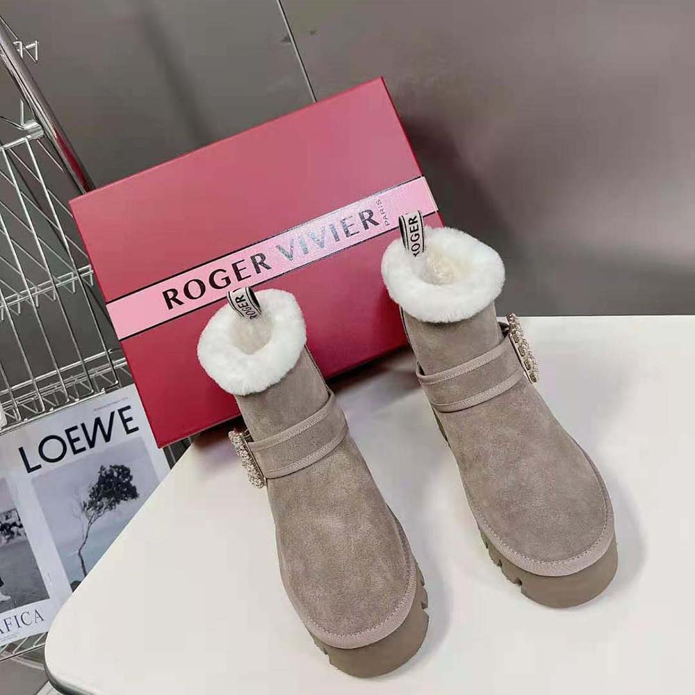 Roger Vivier Women Viv' Winter Fur Strass Buckle Ankle Boots in Suede-Beige - Image 2