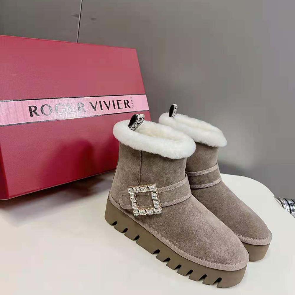 Roger Vivier Women Viv' Winter Fur Strass Buckle Ankle Boots in Suede-Beige - Image 3