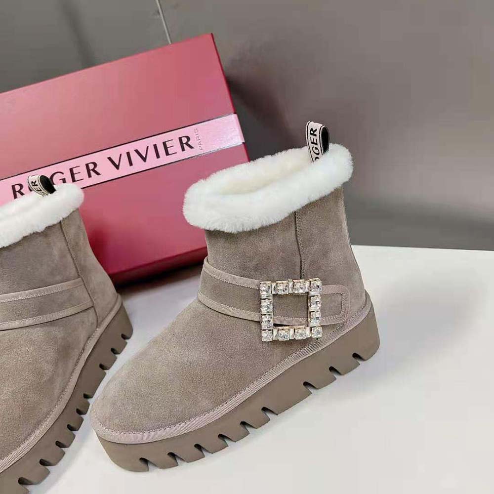 Roger Vivier Women Viv' Winter Fur Strass Buckle Ankle Boots in Suede-Beige - Image 6