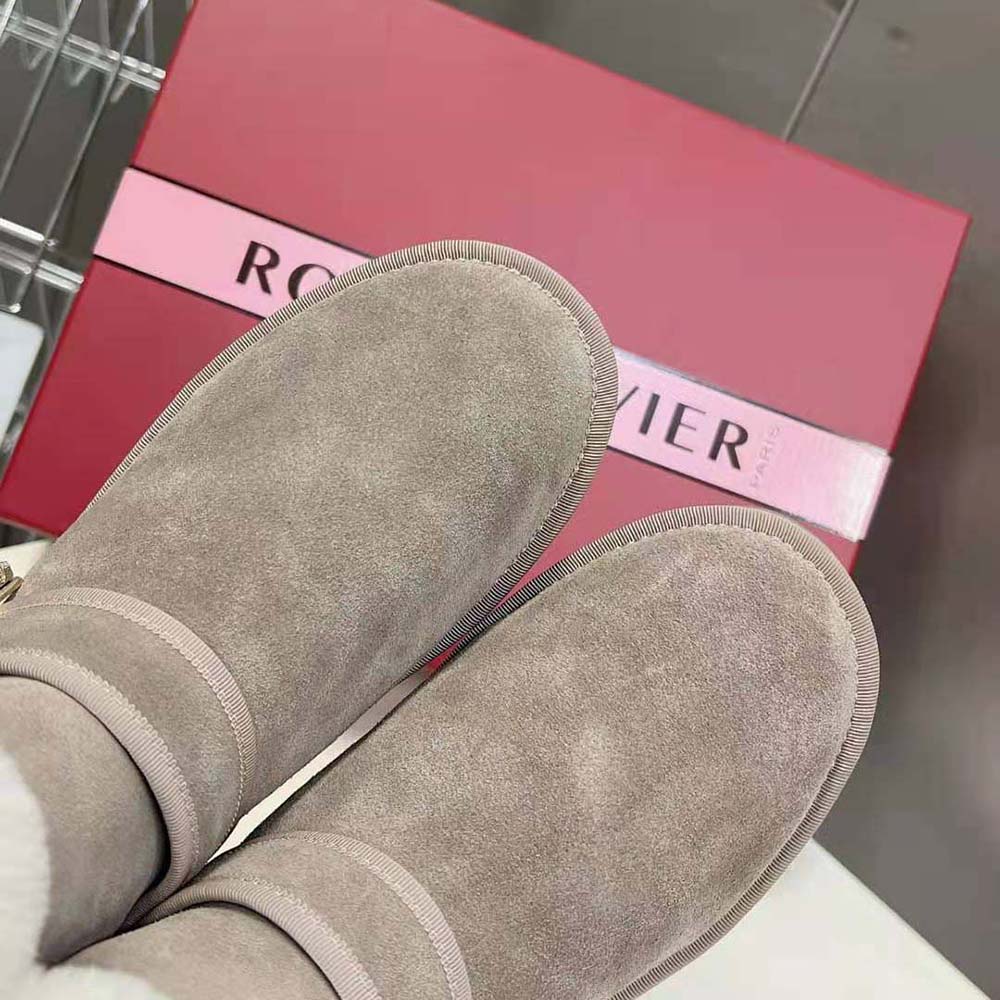 Roger Vivier Women Viv' Winter Fur Strass Buckle Ankle Boots in Suede-Beige - Image 9