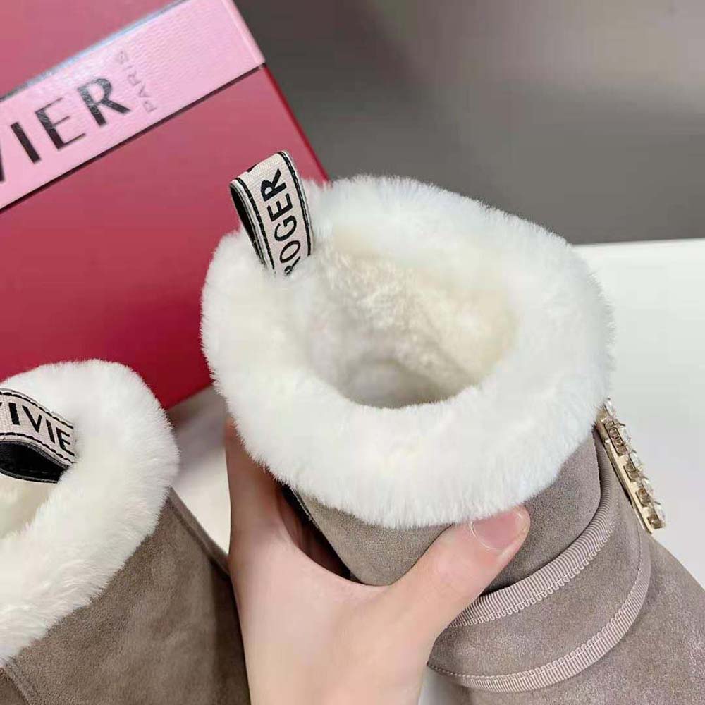 Roger Vivier Women Viv' Winter Fur Strass Buckle Ankle Boots in Suede-Beige - Image 10