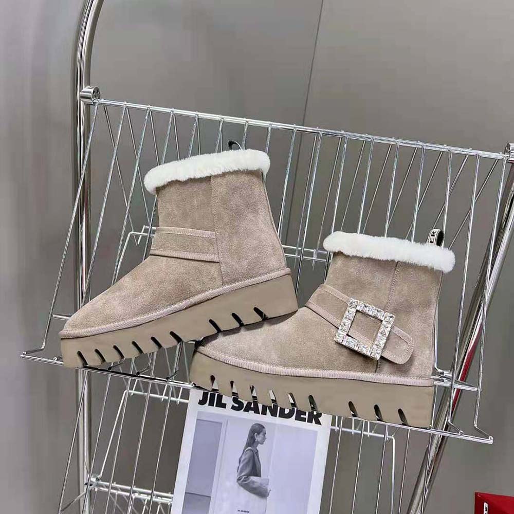 Roger Vivier Women Viv' Winter Fur Strass Buckle Ankle Boots in Suede-Beige - Image 4