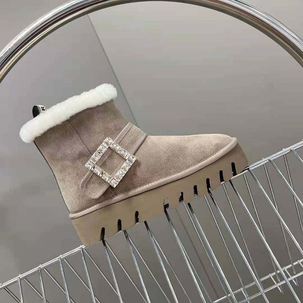 Roger Vivier Women Viv' Winter Fur Strass Buckle Ankle Boots in Suede-Beige - Image 5