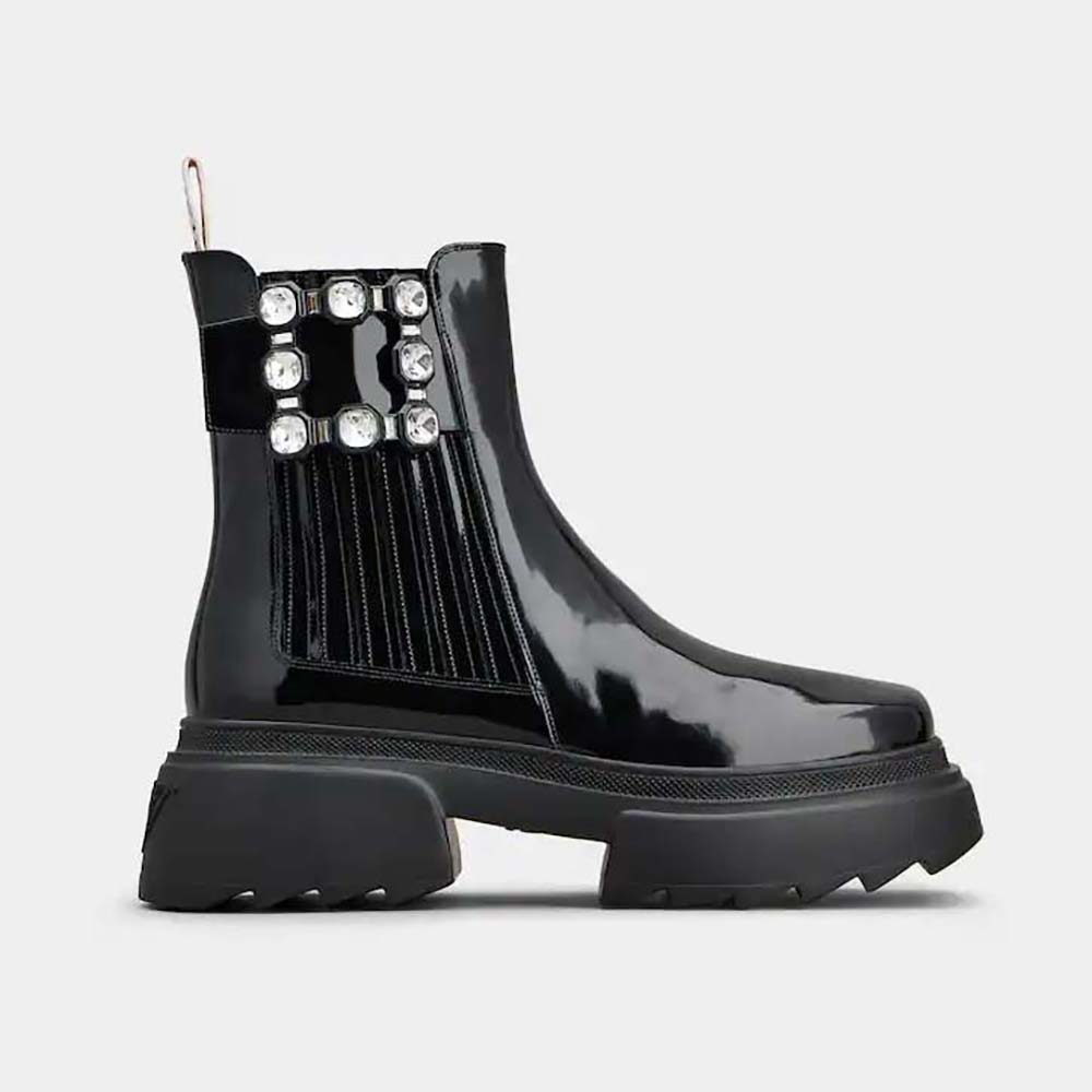 Roger Vivier Women Wallaviv Strass Buckle Chelsea Ankle Boots in Patent Leather