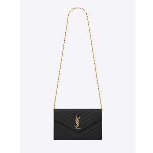 Saint Laurent Monogram Chain Wallet Grain De Poudre Embossed-Gold