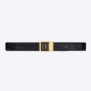 Saint Laurent YSL Women La 66 Buckle Belt in Crocodile-embossed Leather-Black