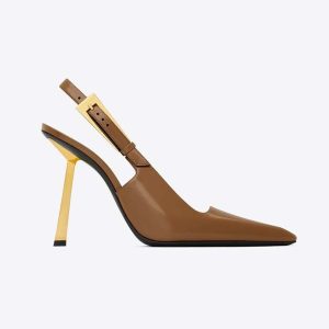 Saint Laurent YSL Women Lee Slingback Pumps in Glazed Leather-Brown