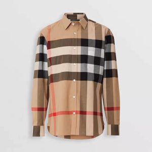 Burberry Men Check Stretch Cotton Shirt-Brown