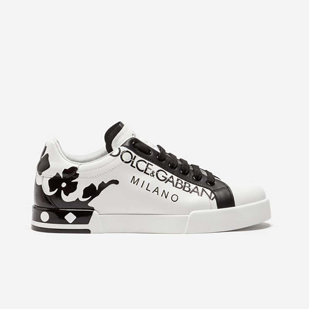 Dolce Gabbana D&G Men Shoes Portofino Sneakers in Printed Patent Calfskin-Black