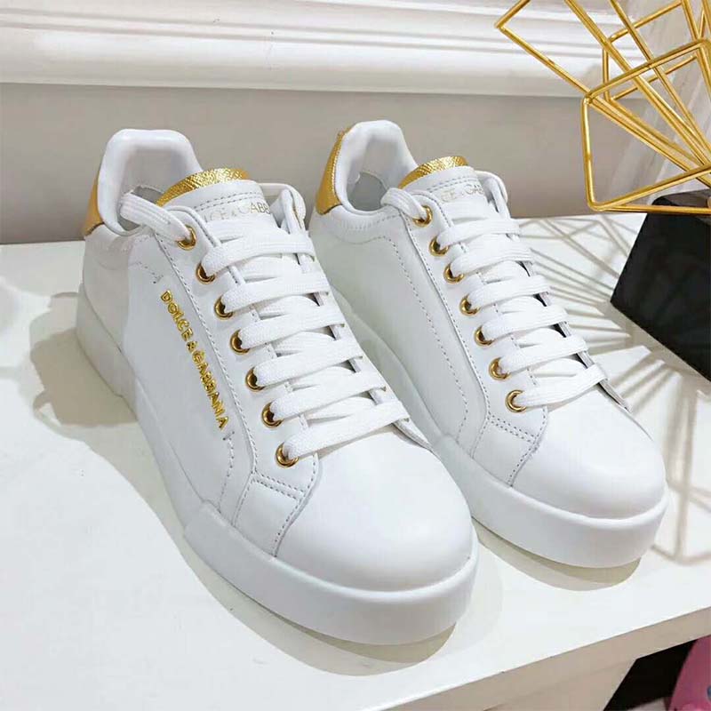 Dolce Gabbana D&G Women Shoes Leather Sneakers with Logo Bead-White - Image 3