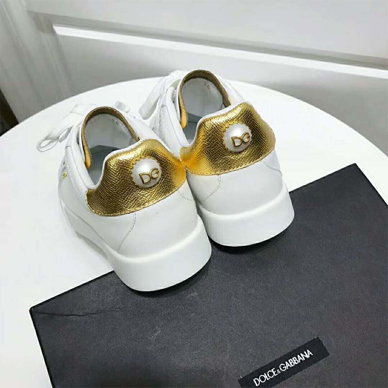 Dolce Gabbana D&G Women Shoes Leather Sneakers with Logo Bead-White - Image 6