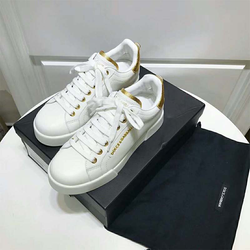 Dolce Gabbana D&G Women Shoes Leather Sneakers with Logo Bead-White - Image 2