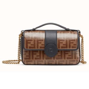 Fendi Women Double F Small Brown Leather and Fabric Bag