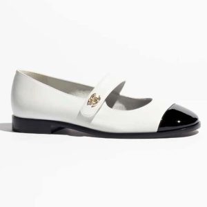 Chanel Women CC Mary Janes Patent Calfskin White Black 2 CM Heel G45280