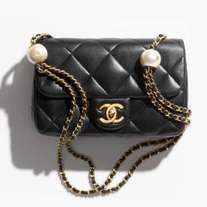 Chanel Women CC Small Flap Bag Lambskin Imitation Pearls Black AS4861