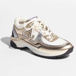 Chanel Women CC Sneakers Fabric Laminated White Gold Silver 1 Cm Heel G39792