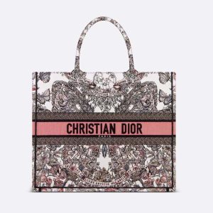 Dior Women Large Dior Book Tote White and Pastel Pink Butterfly Around The World Embroidery