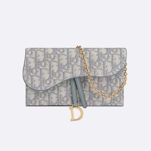 Dior Women Long Saddle Wallet with Chain Gray Dior Oblique Jacquard