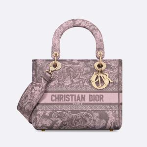 Dior Women Medium Lady D-lite Bag Gray and Pink Toile de Jouy Reverse Embroidery