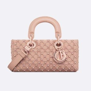 Dior Women Small Lady D-joy Bag Rose Des Vents Cannage Calfskin Embroidered with Resin Pearls