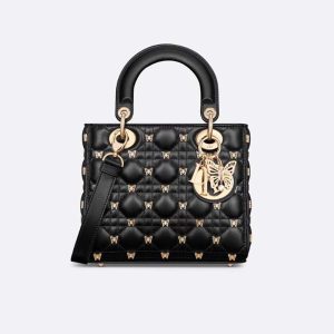 Dior Women Small Lady Dior Bag Black Cannage Lambskin with Gold-Finish Butterfly Studs