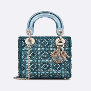 Dior Women Small Lady Dior Bag Metallic Calfskin and Satin with Celestial Blue Bead Embroidery