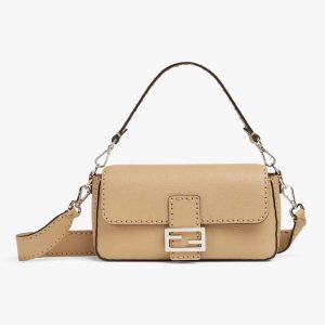 Fendi Women Baguette Beige Selleria Bag with Oversized Topstitching