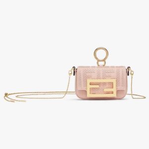 Fendi Women Nano Baguette Charm Pink Canvas Charm with FF Embroidery