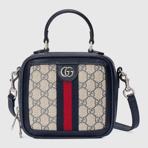 Gucci GG Unisex Ophidia GG Mini Top Handle Bag Beige Blue GG Supreme Canvas 772157