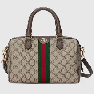 Gucci GG Unisex Ophidia GG Small Top Handle Bag Beige Ebony GG Supreme Canvas Brown Leather 772061