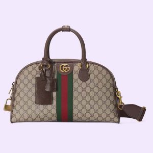 Gucci GG Unisex Savoy Medium Bowling Bag Beige Ebony GG Supreme Canvas Double G 723309