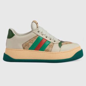 Gucci GG Unisex Screener Sneaker Web Beige Leather Bi-Color Flatform Rubber Low Heel