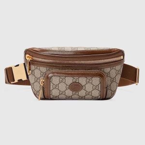 Gucci Unisex Belt Bag Interlocking G Beige Ebony GG Supreme Canvas Brown Leather 682933