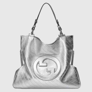 Gucci Unisex Blondie Medium Tote Bag Silver Lamé Leather Round Interlocking G 751516