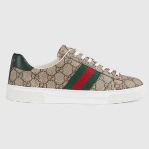 Gucci Unisex GG Ace Sneaker Web Beige Ebony GG Supreme Rubber Low-Heel